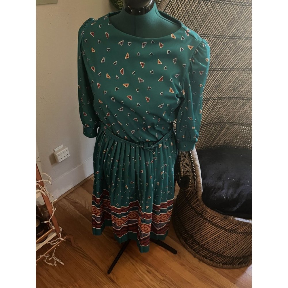 70s-80s Teal Geometric Midi Dress with 3/4 Sleeves, Belt + Shoulder Pads